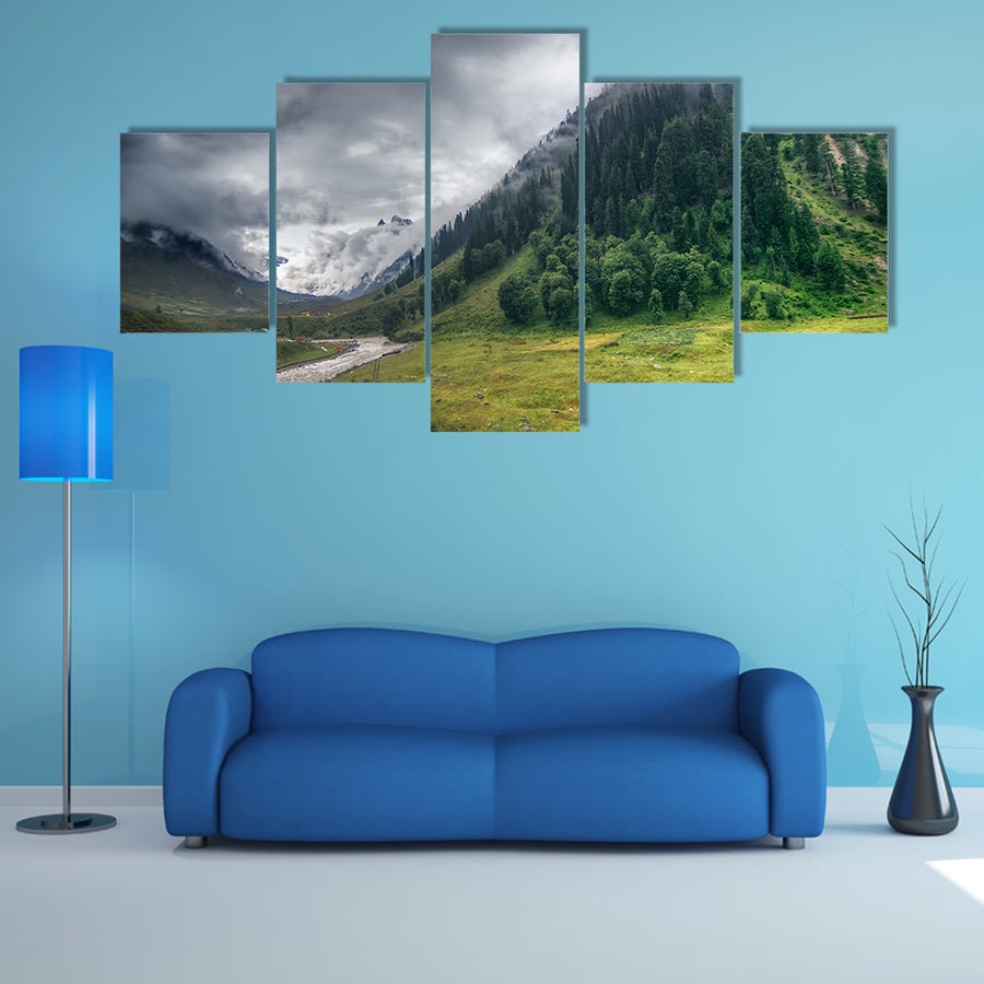 Storm clouds over mountains of ladakh, green valley scenery, Jammu and Kashmir, India multi panel canvas wall art