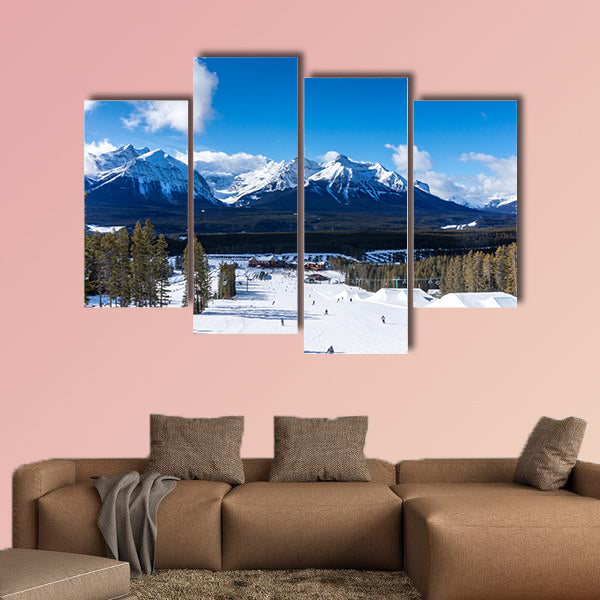 Skiers and snowboarders descend the slopes toward Lake wall art