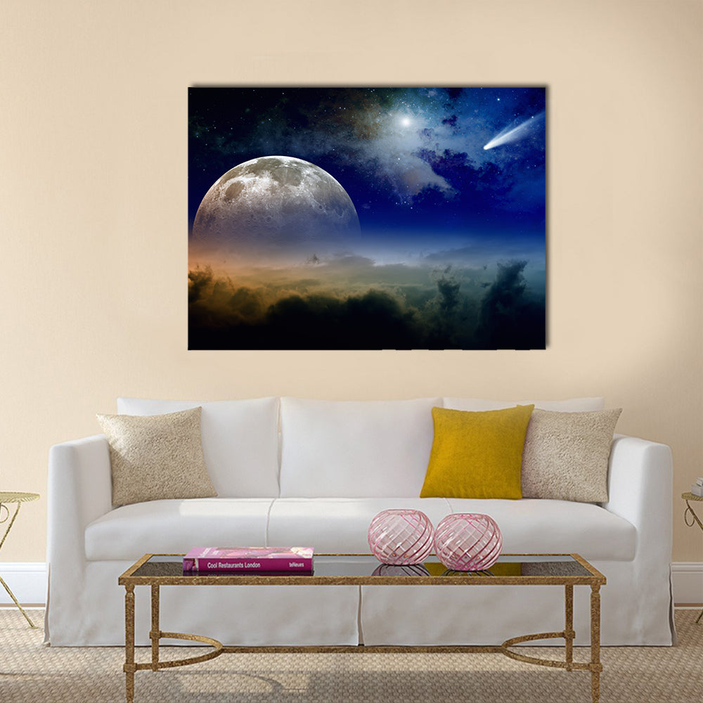 Glowing clouds, full moon rise, stars and comet in dark blue sky Multi Panel Canvas Wall Art
