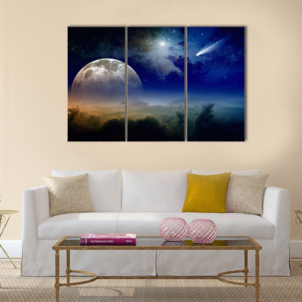 Glowing clouds, full moon rise, stars and comet in dark blue sky Multi Panel Canvas Wall Art