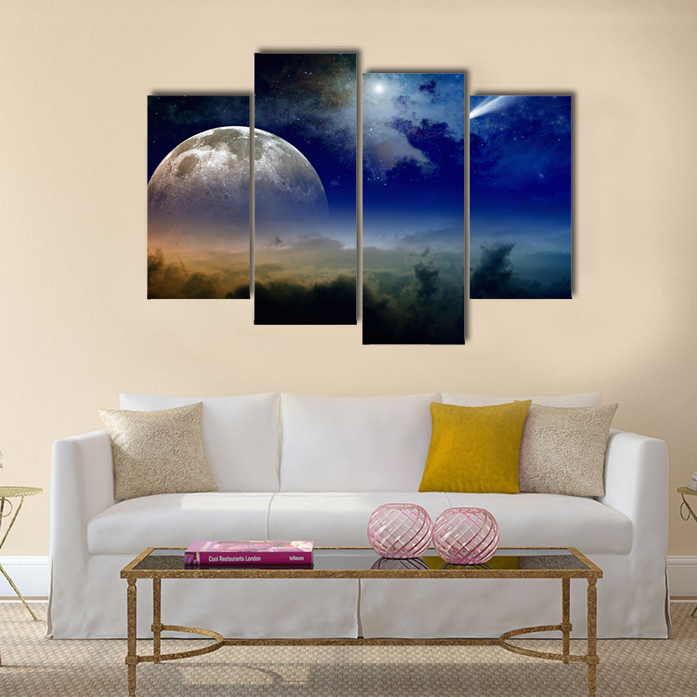 Glowing clouds, full moon rise, stars and comet in dark blue sky Multi Panel Canvas Wall Art