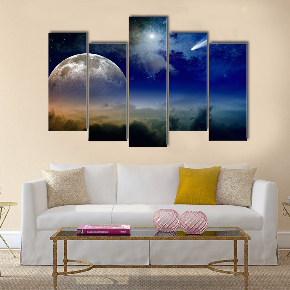 Glowing clouds, full moon rise, stars and comet in dark blue sky Multi Panel Canvas Wall Art