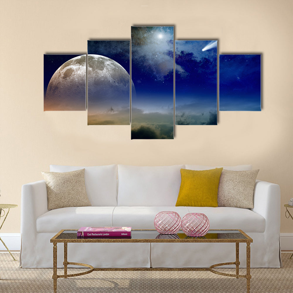 Glowing clouds, full moon rise, stars and comet in dark blue sky Multi Panel Canvas Wall Art