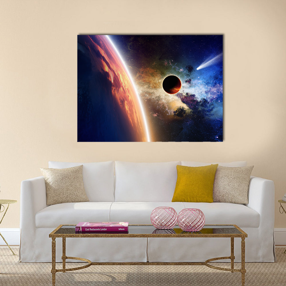 Abstract scientific background - comet approaches glowing planet, nebula and stars in space Multi Panel Canvas Wall Art