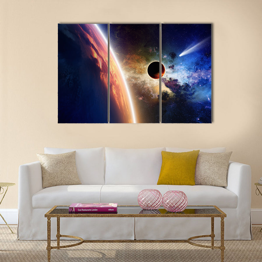 Abstract scientific background - comet approaches glowing planet, nebula and stars in space Multi Panel Canvas Wall Art