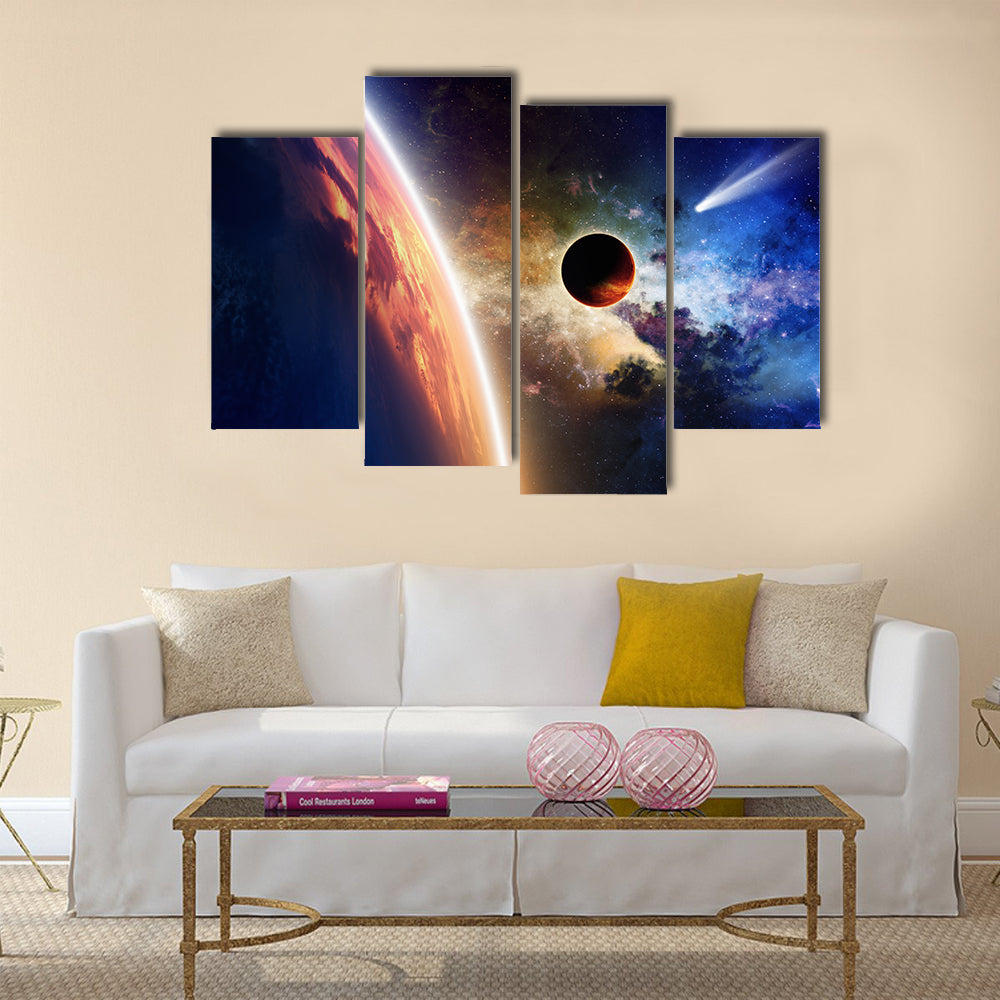 Abstract scientific background - comet approaches glowing planet, nebula and stars in space Multi Panel Canvas Wall Art