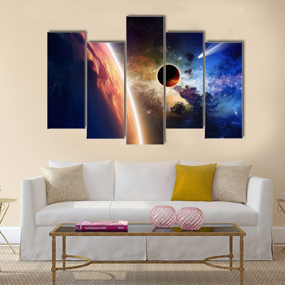 Abstract scientific background - comet approaches glowing planet, nebula and stars in space Multi Panel Canvas Wall Art