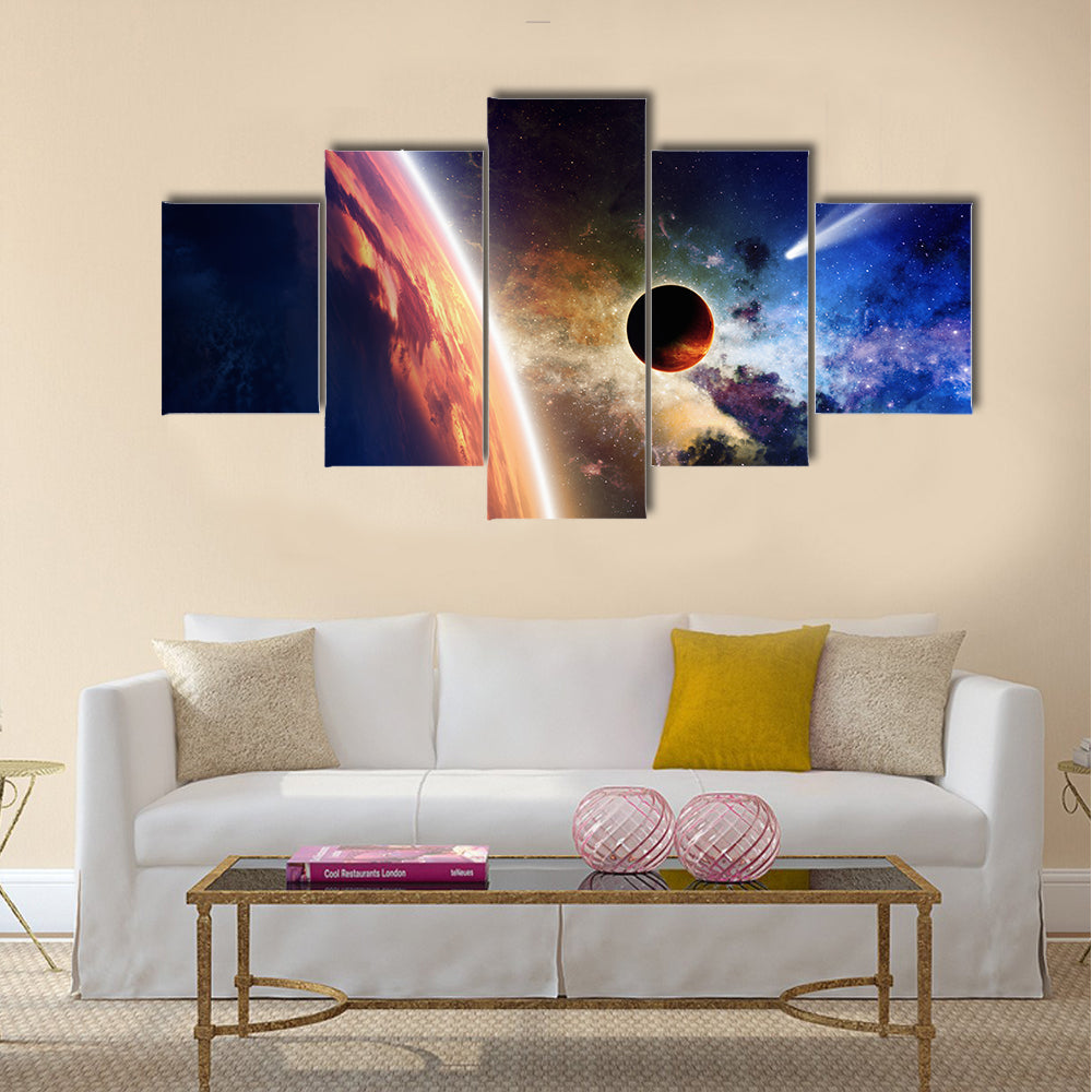 Abstract scientific background - comet approaches glowing planet, nebula and stars in space Multi Panel Canvas Wall Art