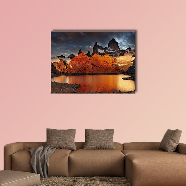 Laguna de Los Tres and mount Fitz Roy, Dramatical sunrise canvas wall art
