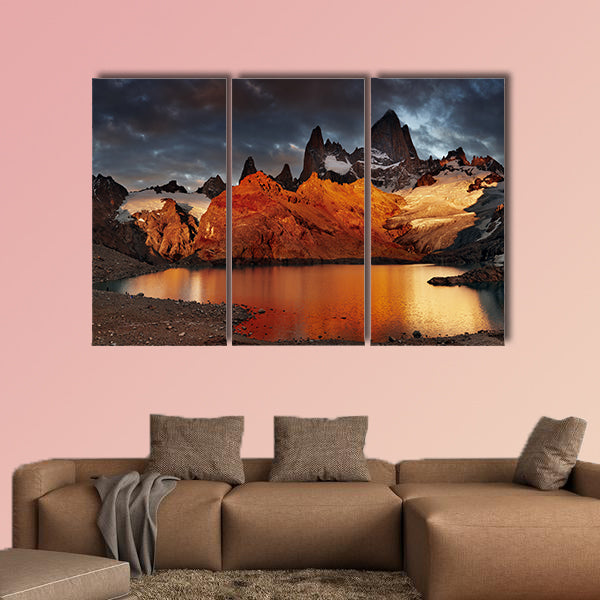 Laguna de Los Tres and mount Fitz Roy, Dramatical sunrise canvas wall art