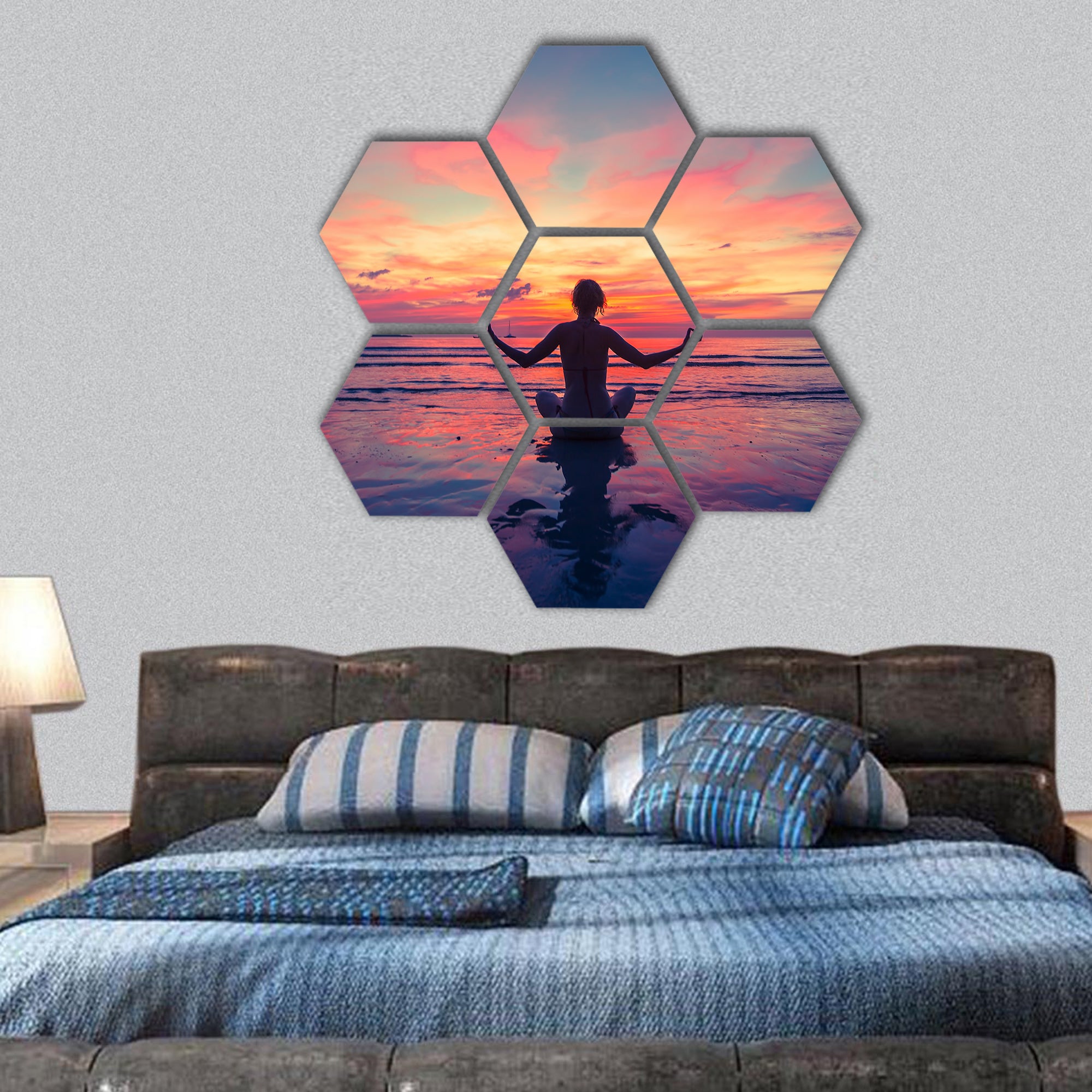 Woman doing meditation near the ocean beach hexagonal canvas wall art