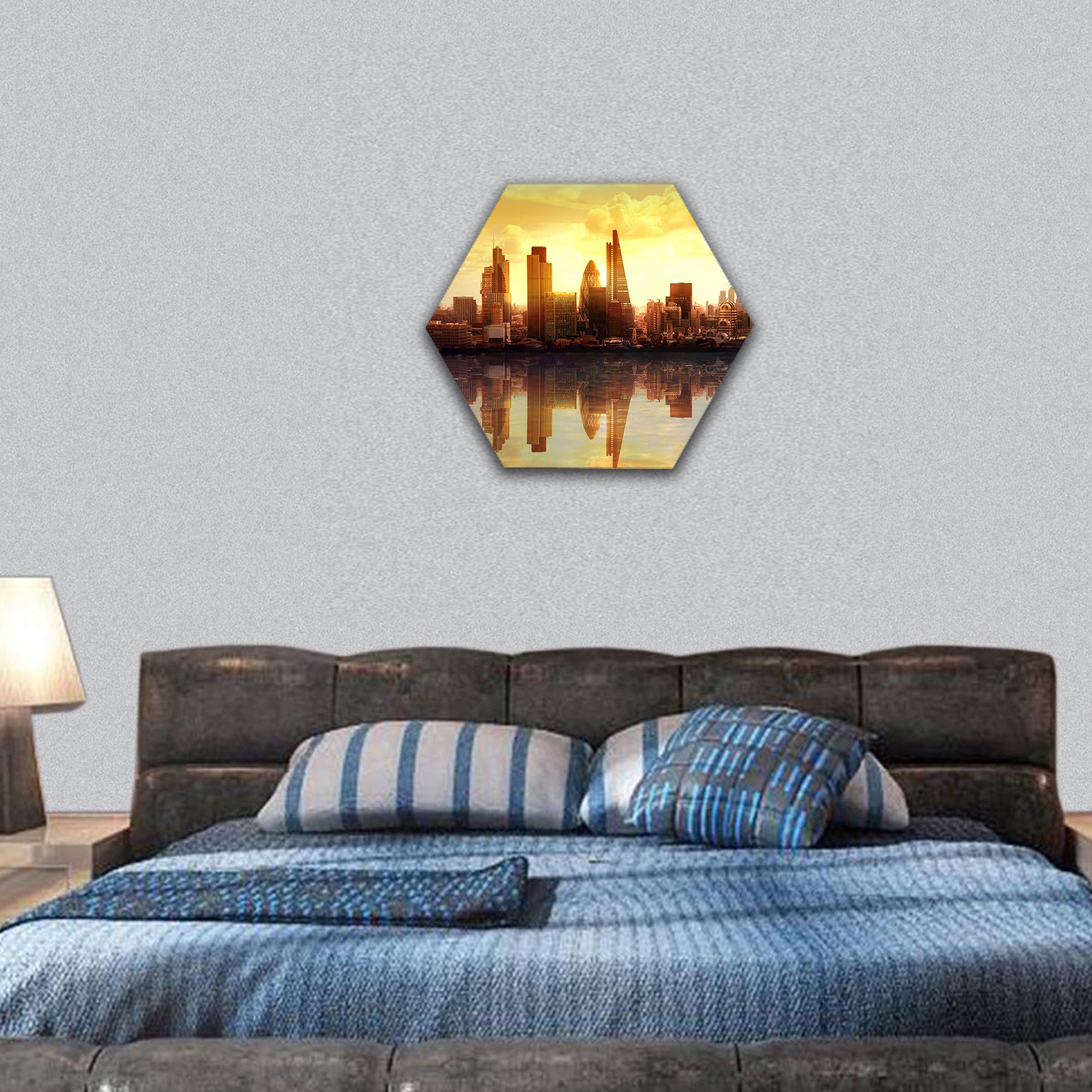 View on business modern district hexagonal canvas wall art