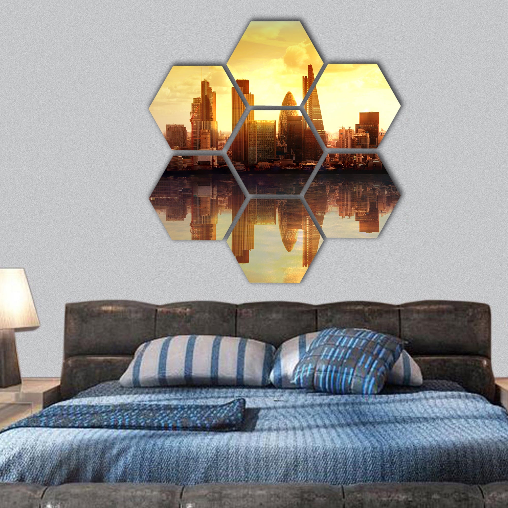View on business modern district hexagonal canvas wall art