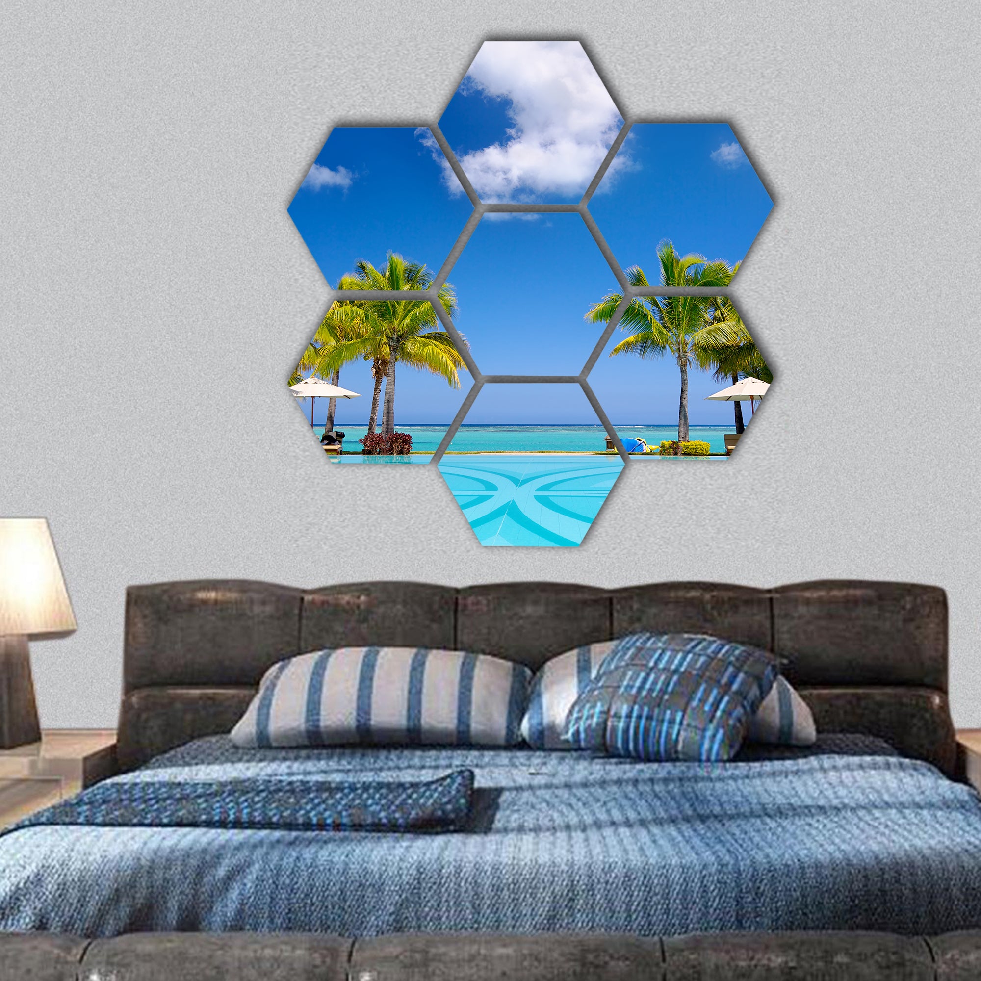Tropical beach resort with lounge chairs hexagonal canvas wall art