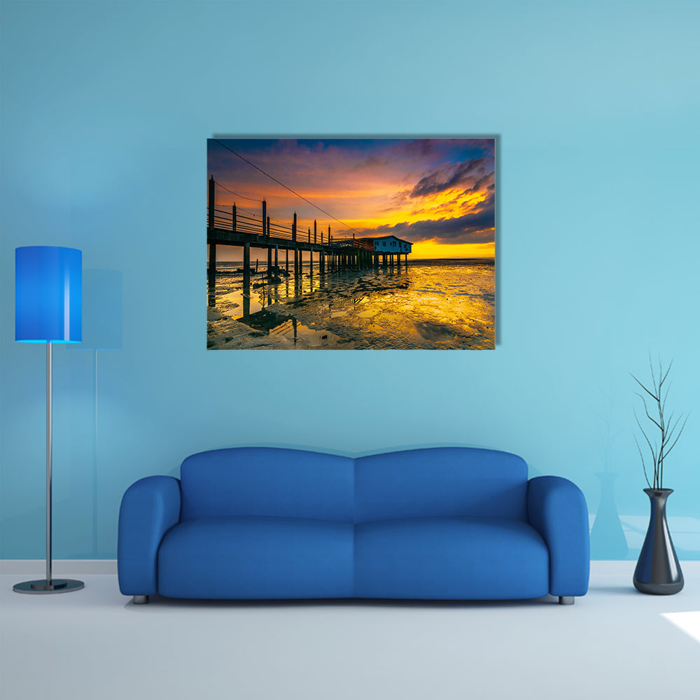 An old floating restaurant view in sunset multi panel canvas wall art
