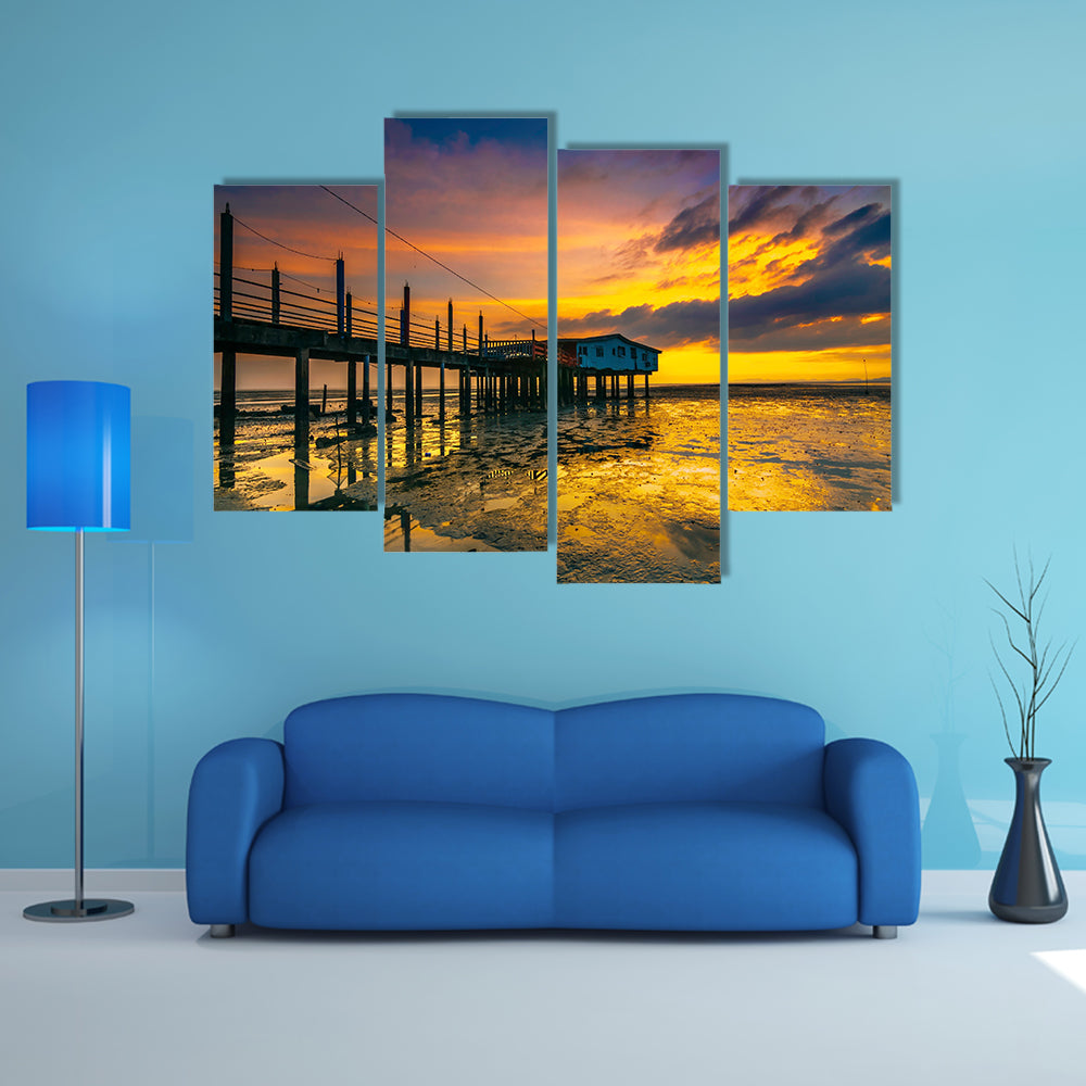 An old floating restaurant view in sunset multi panel canvas wall art