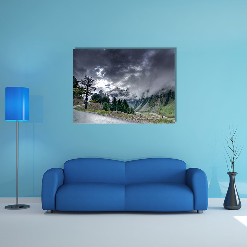Storm clouds over mountains of Ladakh, green valley scenery, Jammu and Kashmir, India Multi Panel Canvas Wall Art