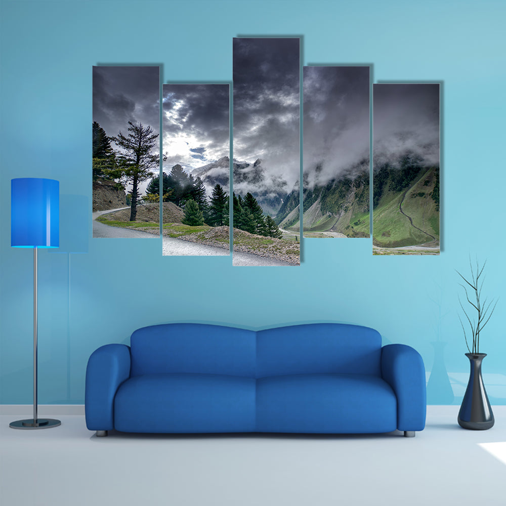 Storm clouds over mountains of Ladakh, green valley scenery, Jammu and Kashmir, India Multi Panel Canvas Wall Art