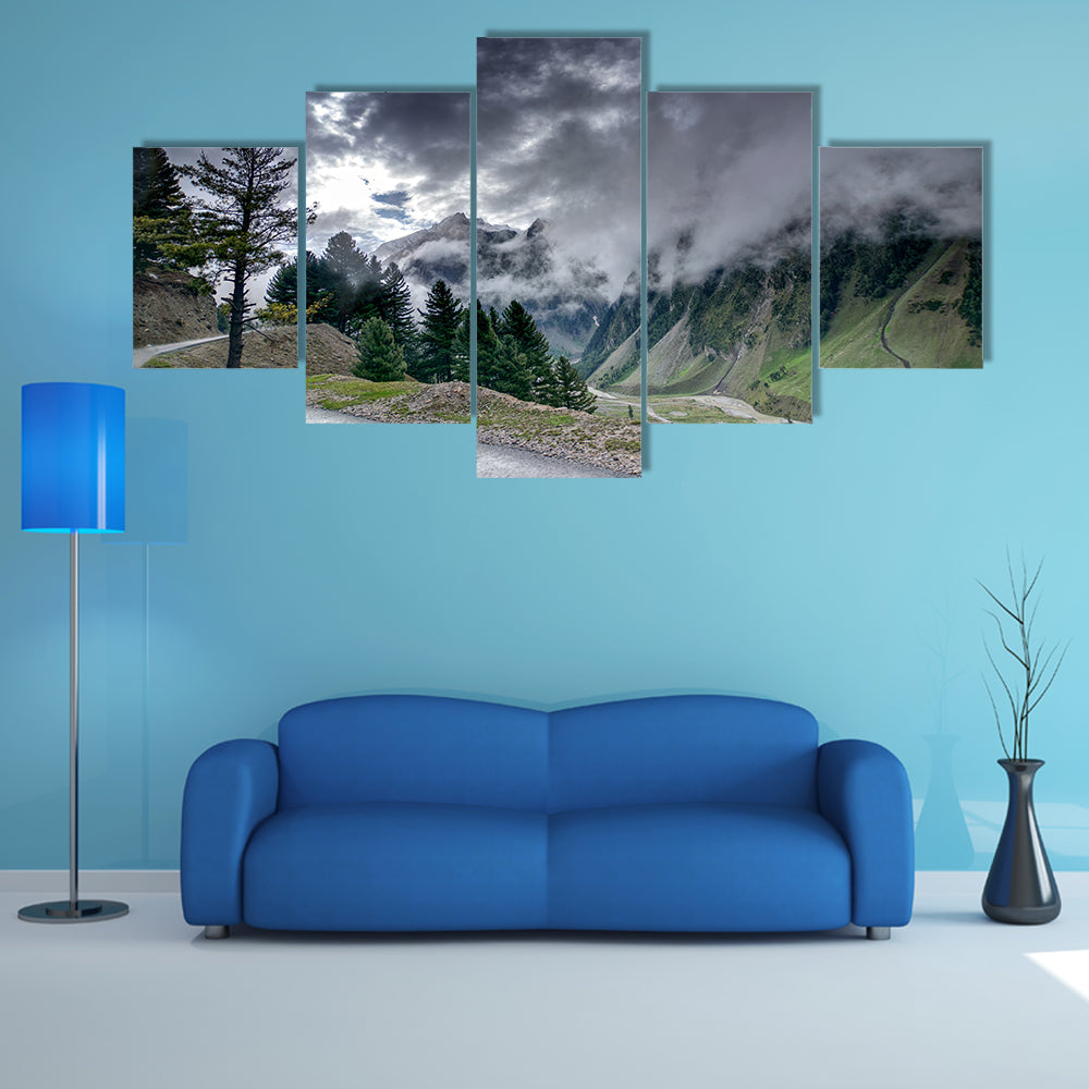 Storm clouds over mountains of Ladakh, green valley scenery, Jammu and Kashmir, India Multi Panel Canvas Wall Art