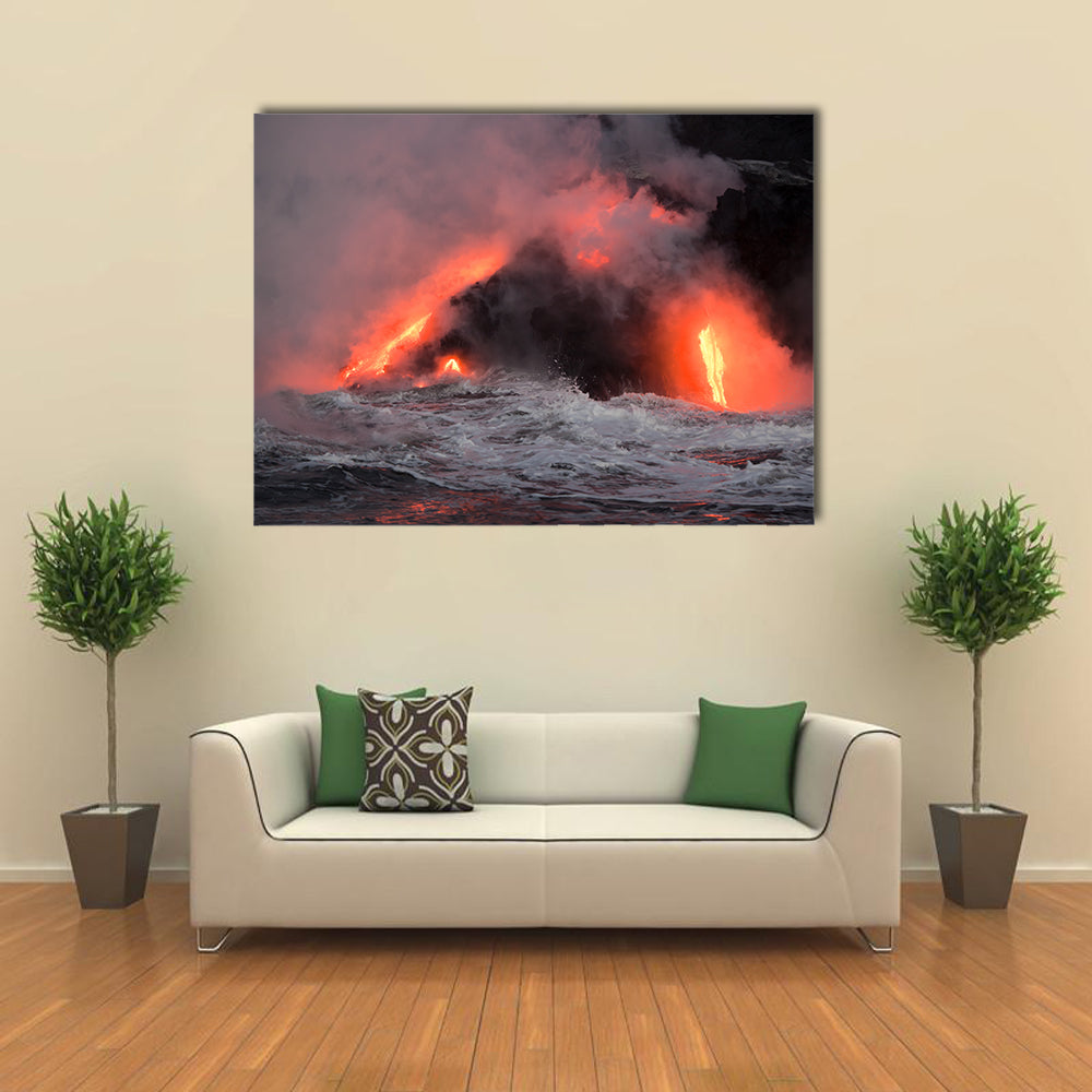 Beautiful View Hot lava stream is flowing into the ocean. Hawaii, Big Island multi panel canvas wall art