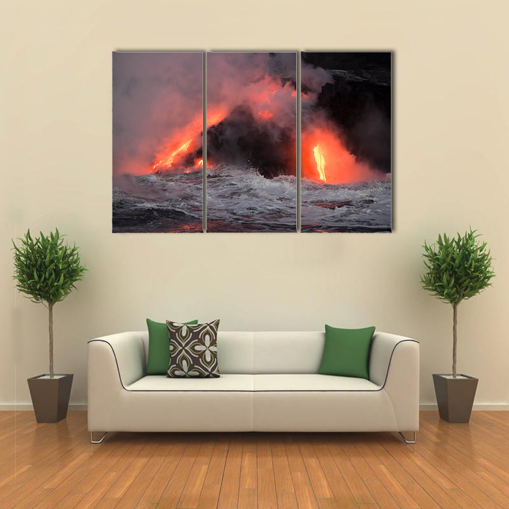 Beautiful View Hot lava stream is flowing into the ocean. Hawaii, Big Island multi panel canvas wall art