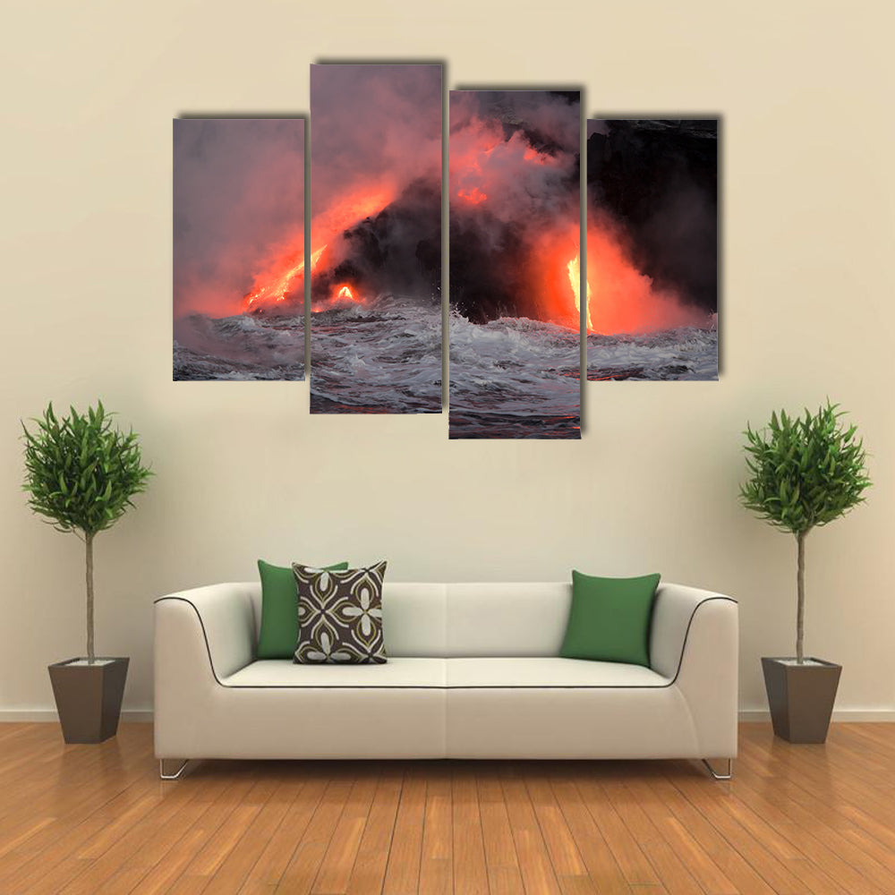 Beautiful View Hot lava stream is flowing into the ocean. Hawaii, Big Island multi panel canvas wall art
