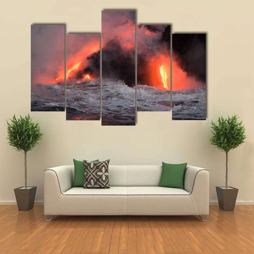 Beautiful View Hot lava stream is flowing into the ocean. Hawaii, Big Island multi panel canvas wall art