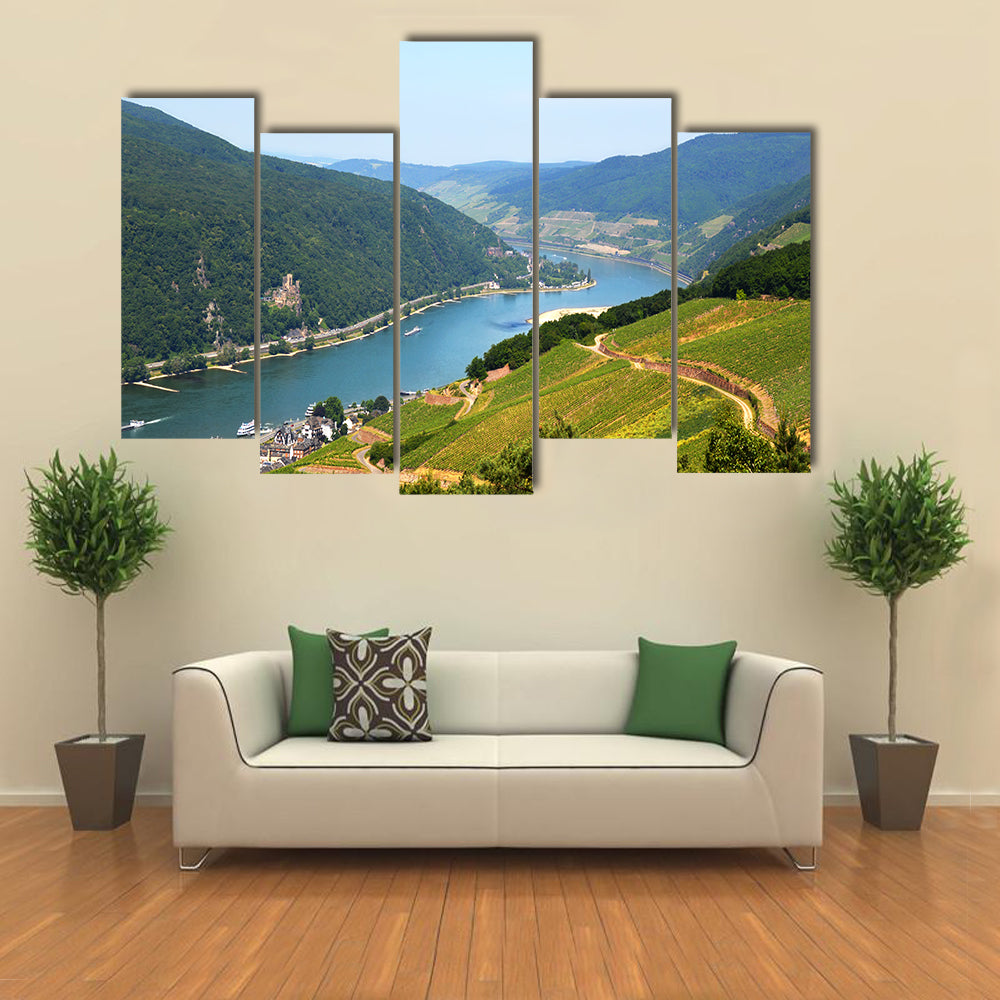 Amazing view over the river Rhine from the top of the hill in Rudesheim, Germany multi panel canvas wall art