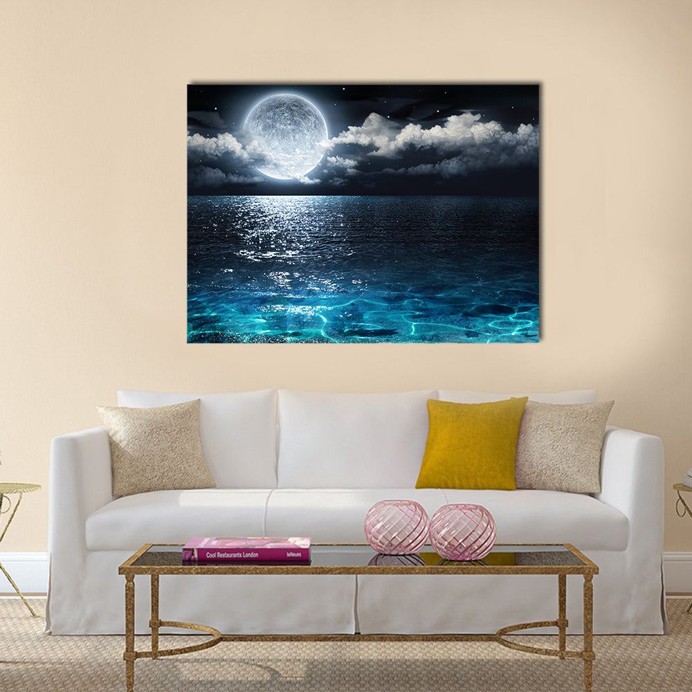 Romantic and scenic panorama with full moon on sea to night Multi Panel Canvas Wall Art