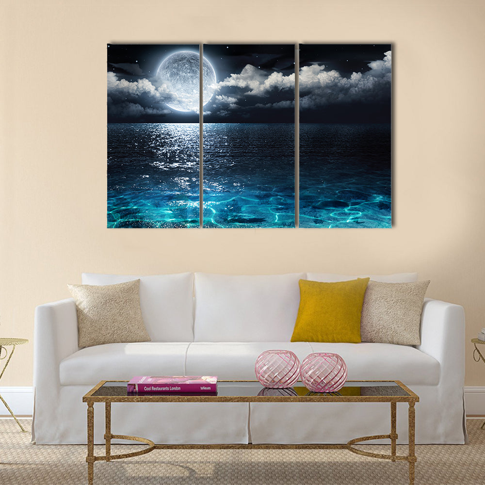Romantic and scenic panorama with full moon on sea to night Multi Panel Canvas Wall Art