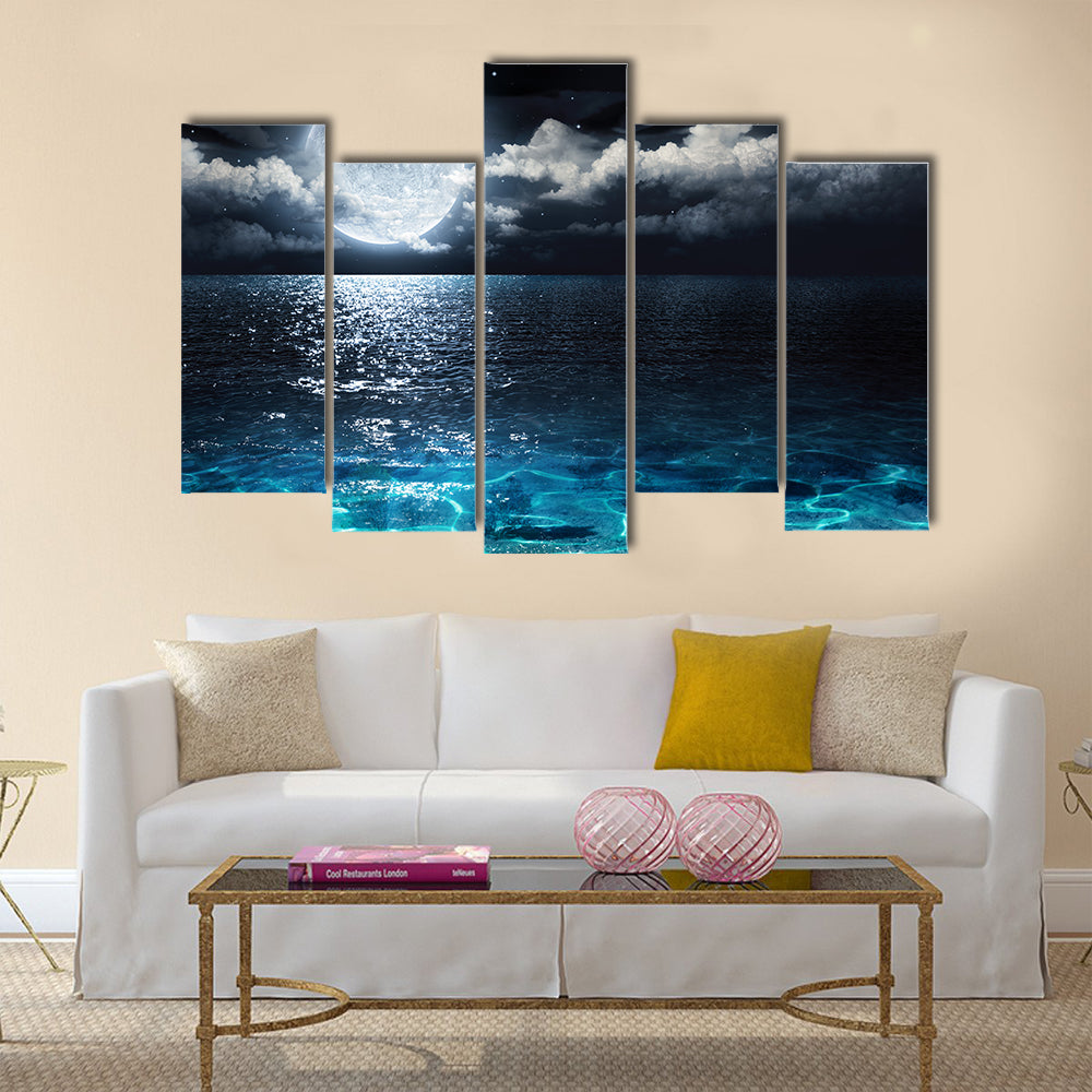 Romantic and scenic panorama with full moon on sea to night Multi Panel Canvas Wall Art
