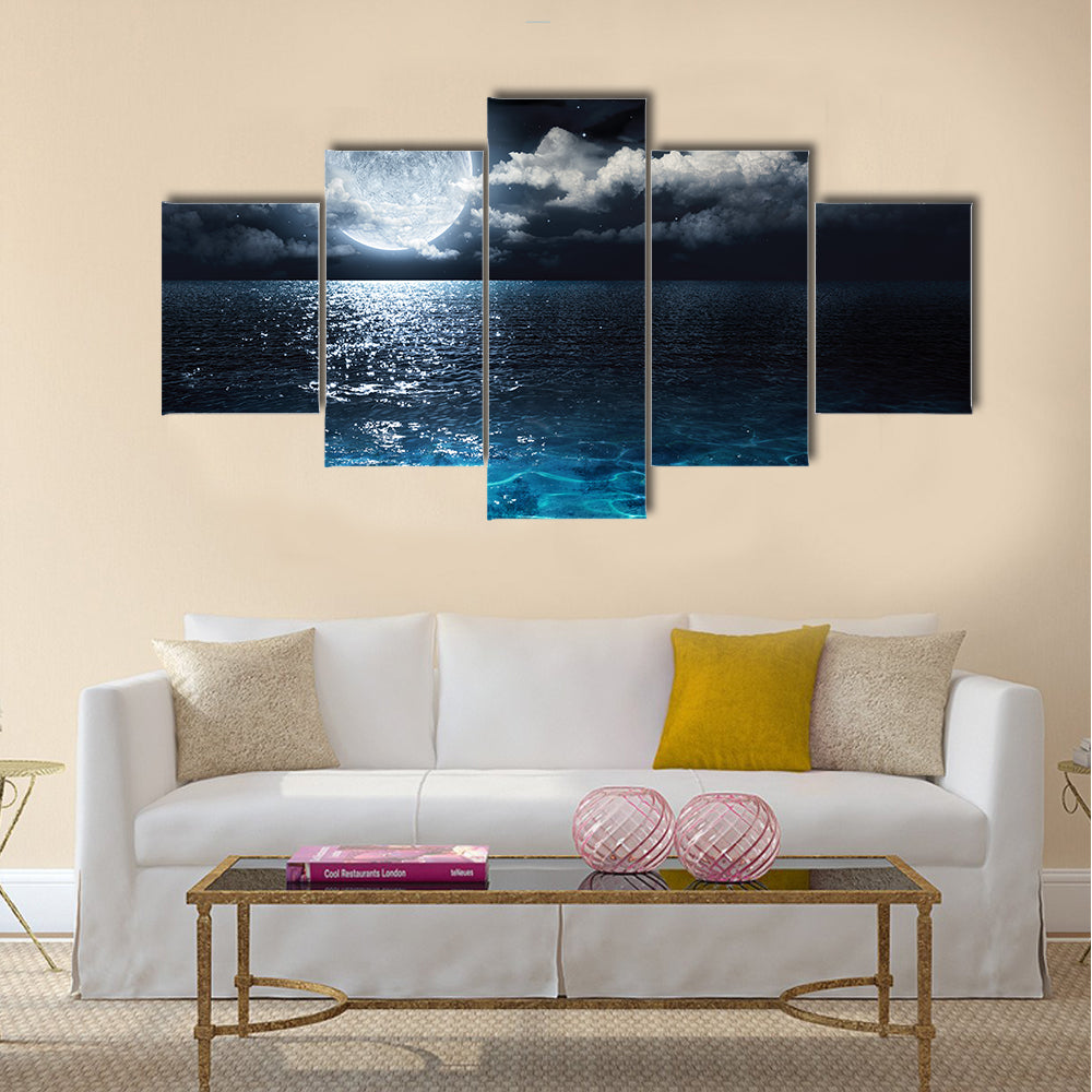 Romantic and scenic panorama with full moon on sea to night Multi Panel Canvas Wall Art