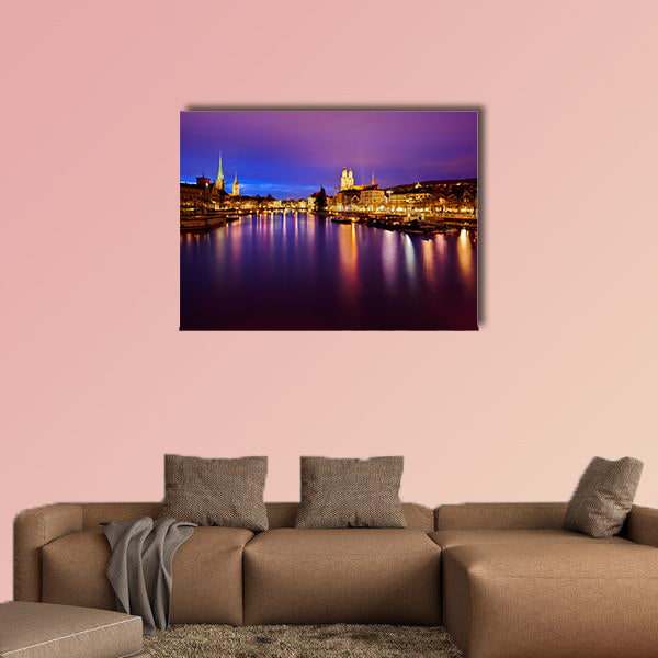 Zurich skyline and the Limmat River at night Multi panel canvas wall art