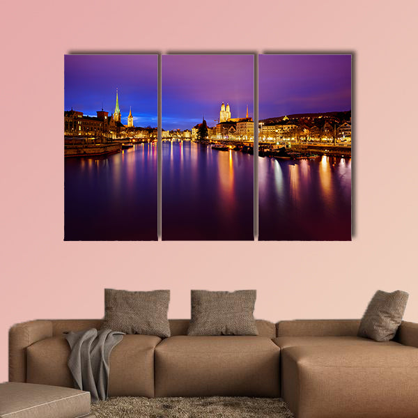 Zurich skyline and the Limmat River at night Multi panel canvas wall art