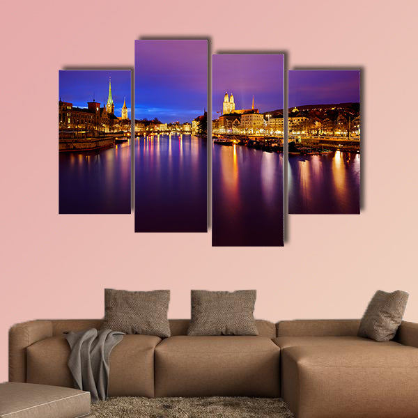 Zurich skyline and the Limmat River at night Multi panel canvas wall art