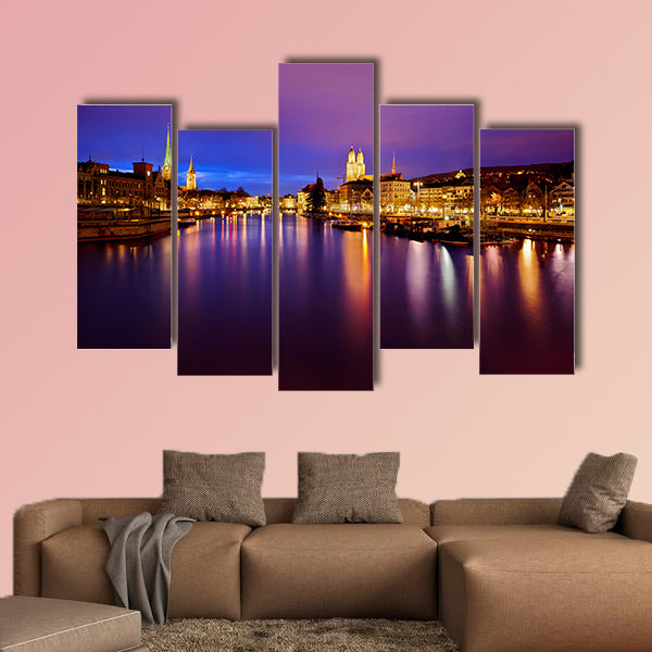 Zurich skyline and the Limmat River at night Multi panel canvas wall art