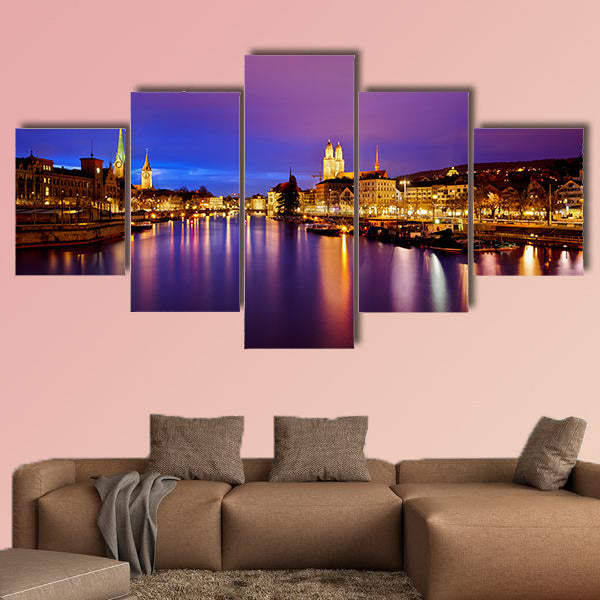 Zurich skyline and the Limmat River at night Multi panel canvas wall art
