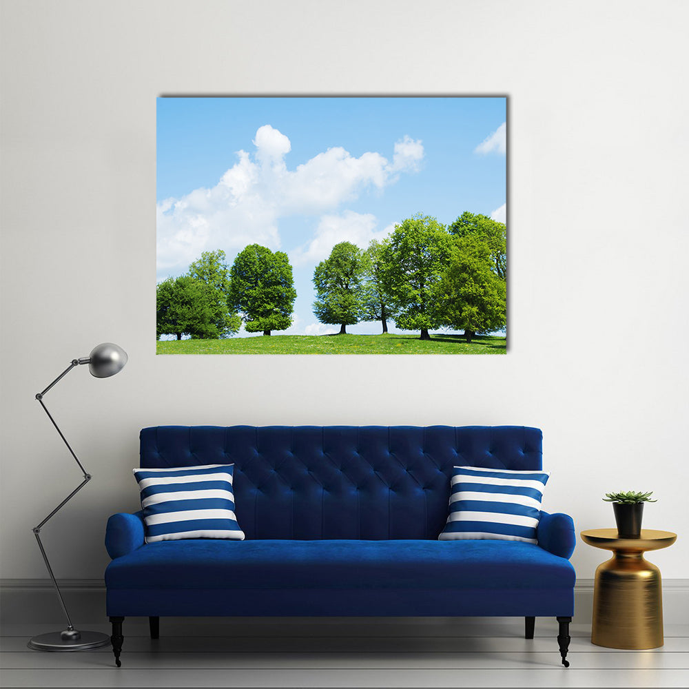 Cloudy Sky And Green Trees In The Spring Season, Multi Panel Canvas Wall Art