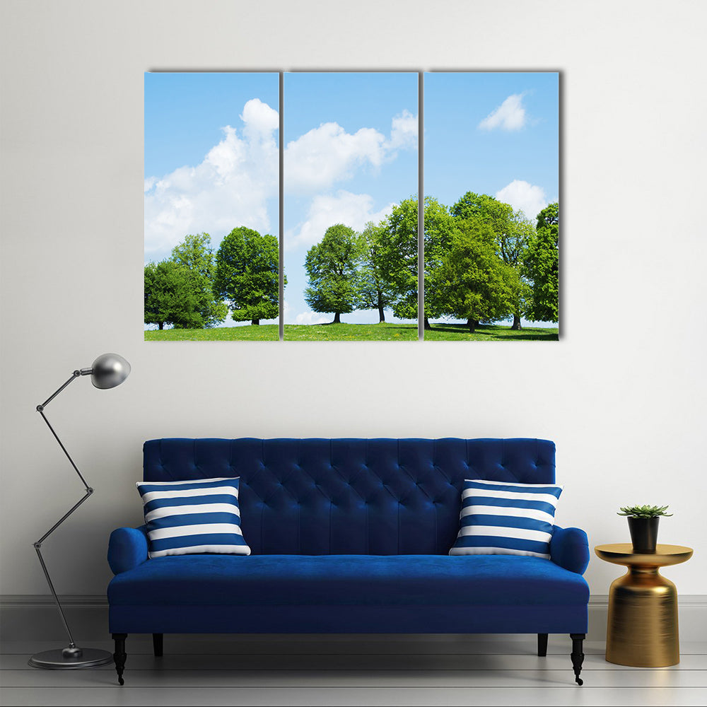 Cloudy Sky And Green Trees In The Spring Season, Multi Panel Canvas Wall Art