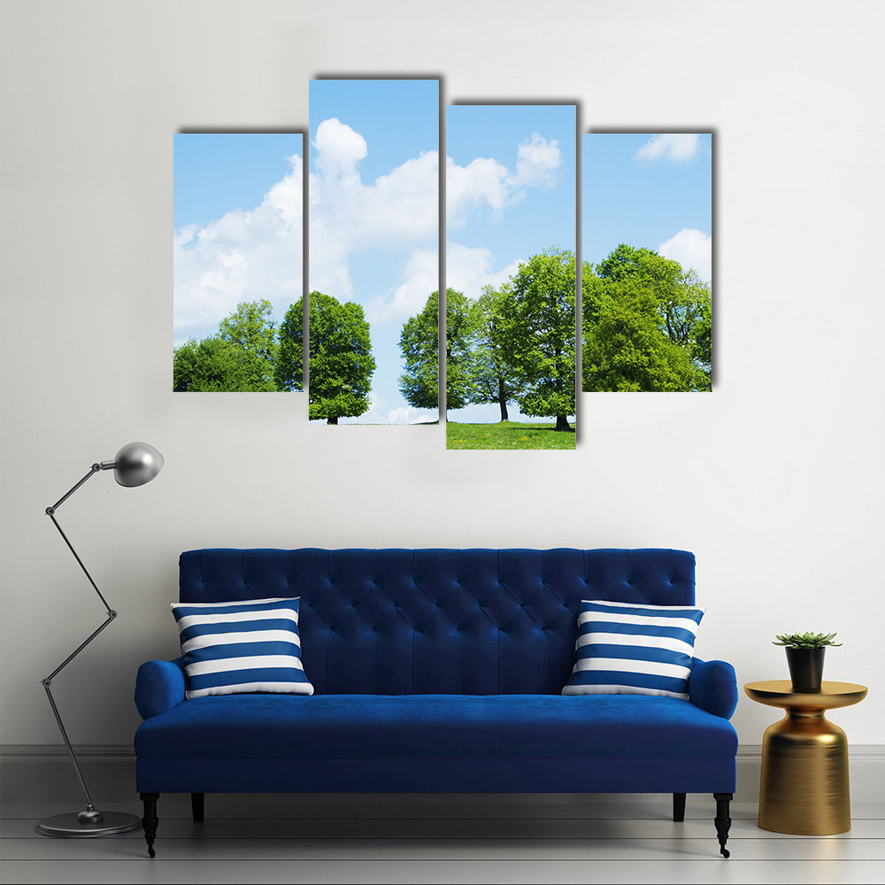 Cloudy Sky And Green Trees In The Spring Season, Multi Panel Canvas Wall Art