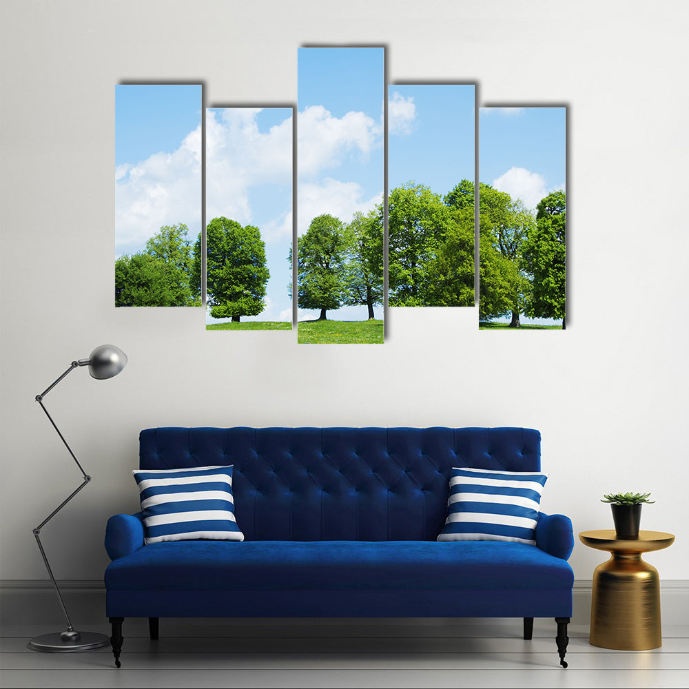 Cloudy Sky And Green Trees In The Spring Season, Multi Panel Canvas Wall Art