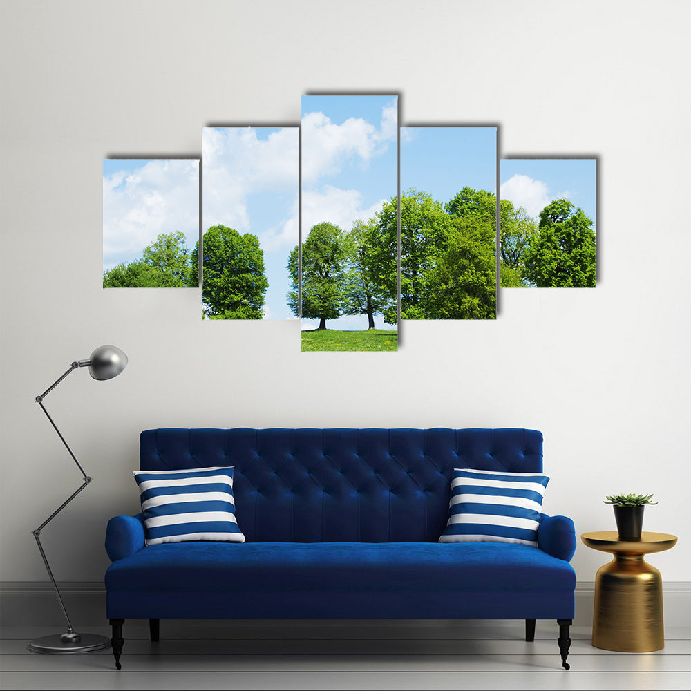 Cloudy Sky And Green Trees In The Spring Season, Multi Panel Canvas Wall Art