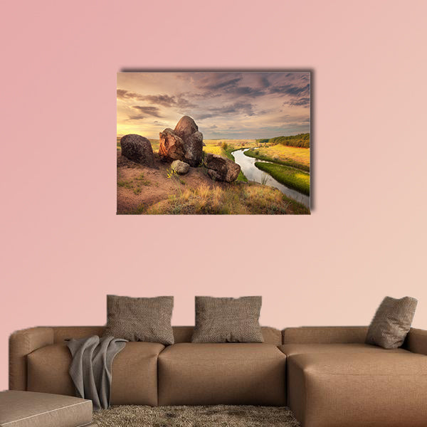 Beautiful summer sunset at the river with reflection in Ukraine multi panel canvas wall art