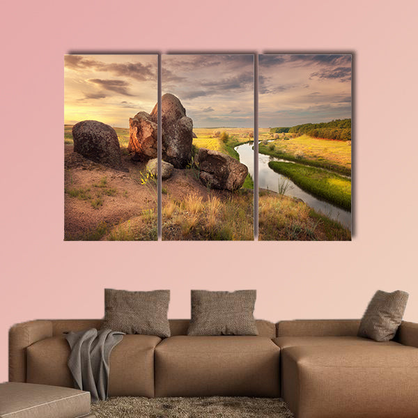Beautiful summer sunset at the river with reflection in Ukraine multi panel canvas wall art