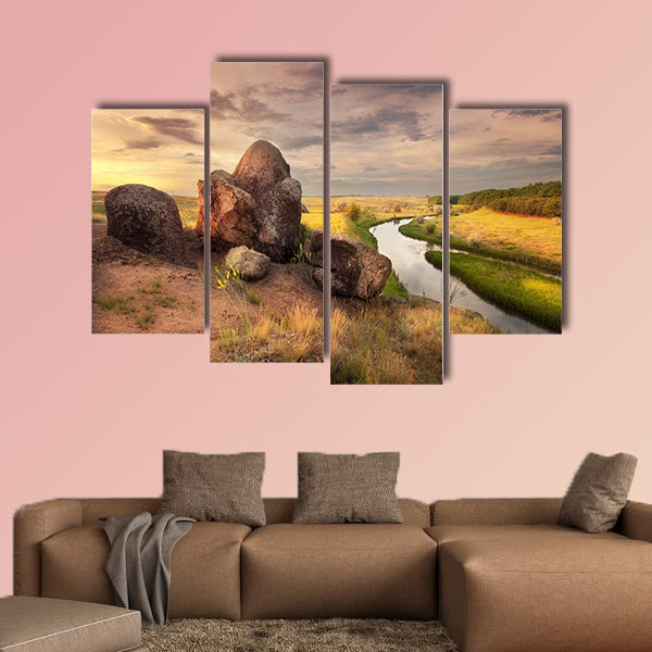 Beautiful summer sunset at the river with reflection in Ukraine multi panel canvas wall art