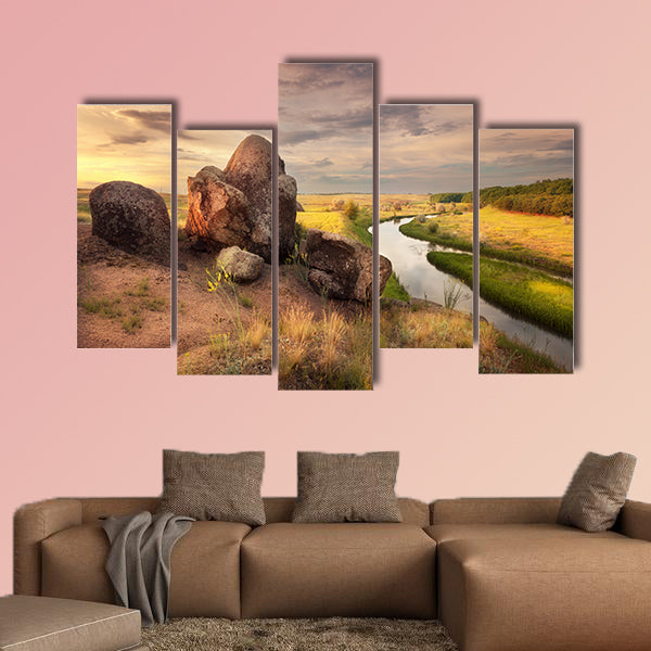 Beautiful summer sunset at the river with reflection in Ukraine multi panel canvas wall art