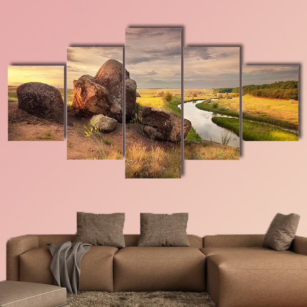 Beautiful summer sunset at the river with reflection in Ukraine multi panel canvas wall art