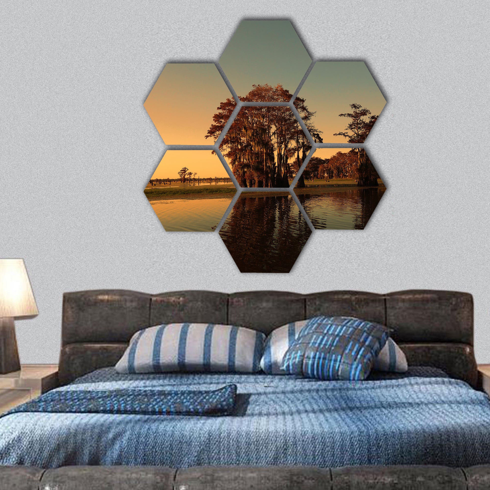 Bayou and cypress trees near Henderson hexagonal canvas wall art