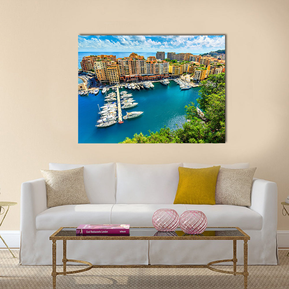 Precious apartments and harbor with luxury yachts in the bay,Monte Carlo,Monaco,Europe Multi panel canvas wall art