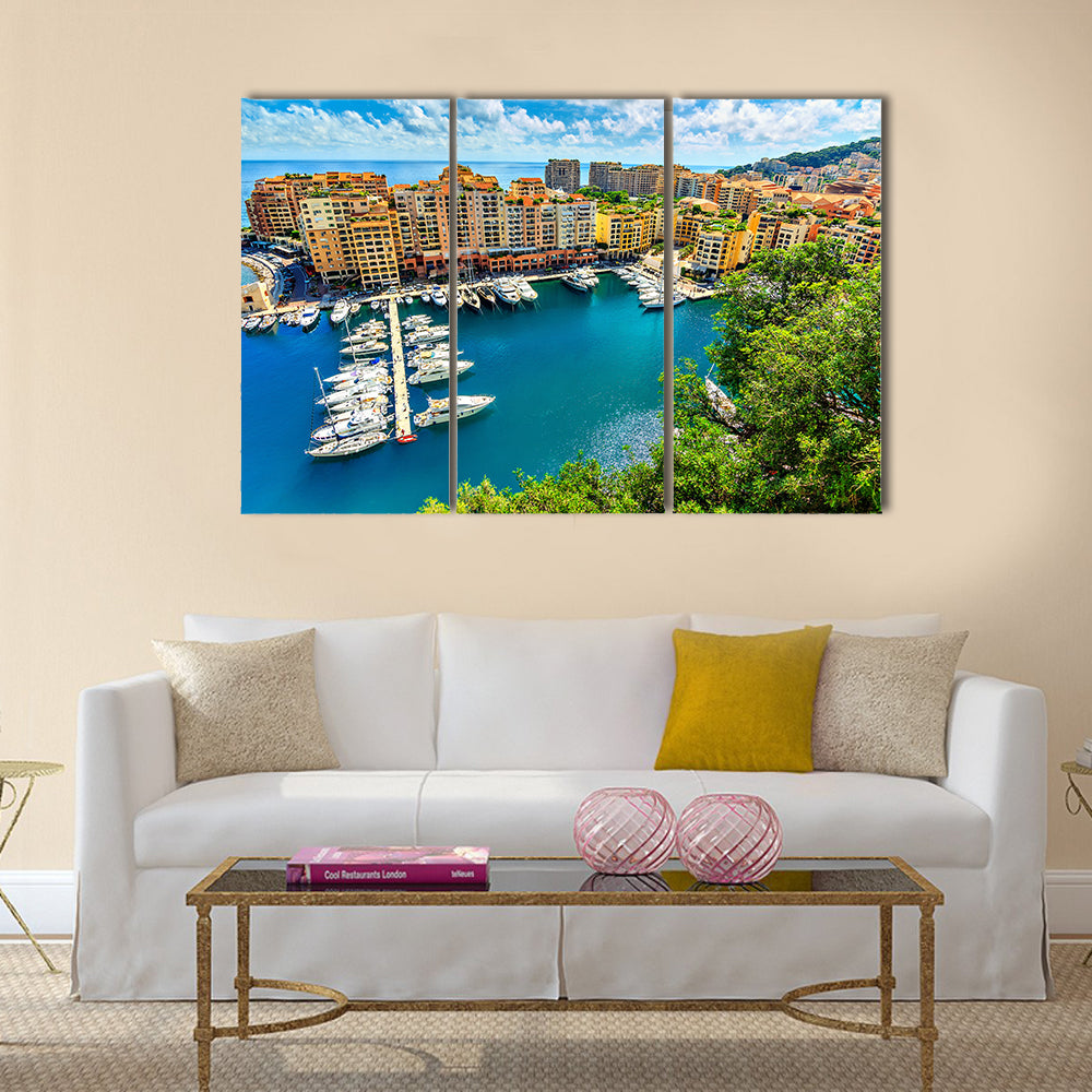 Precious apartments and harbor with luxury yachts in the bay,Monte Carlo,Monaco,Europe Multi panel canvas wall art